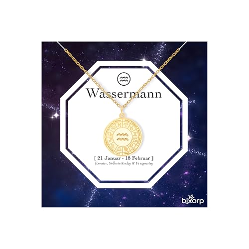Bixorp Sternzeichen Wassermann Halskette - Sternzeichen-Medalion aus Edelstahl in Gold – Zodiac-Halskette auf Geschenkkarte von Bixorp