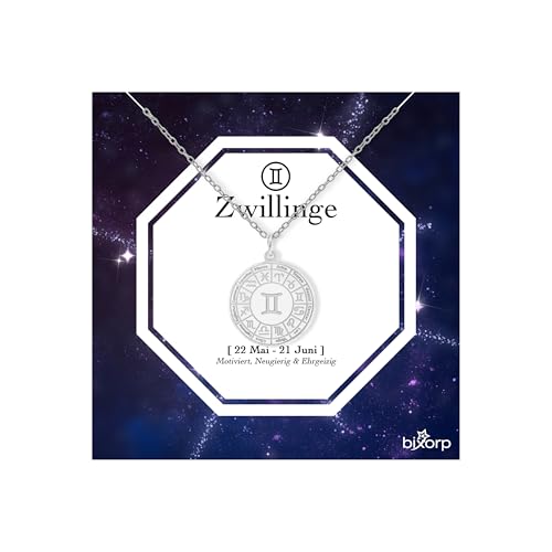 Bixorp Sternzeichen Zwillinge Halskette - Sternzeichen-Medalion aus Edelstahl in Silber – Zodiac-Halskette auf Geschenkkarte von Bixorp
