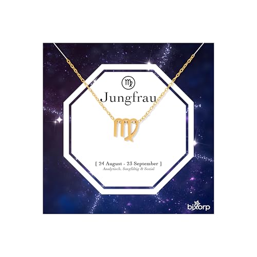 Bixorp Sternzeichen Jungfrau Halskette - Sternzeichen-Kette aus Edelstahl in Gold – Zodiac-Halskette auf Geschenkkarte von Bixorp