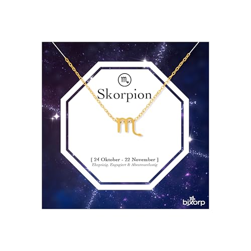 Bixorp Sternzeichen Skorpion Halskette - Sternzeichen-Kette aus Edelstahl in Gold – Zodiac-Halskette auf Geschenkkarte von Bixorp