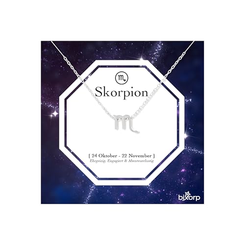 Bixorp Sternzeichen Skorpion Halskette - Sternzeichen-Kette aus Edelstahl in Silber – Zodiac-Halskette auf Geschenkkarte von Bixorp