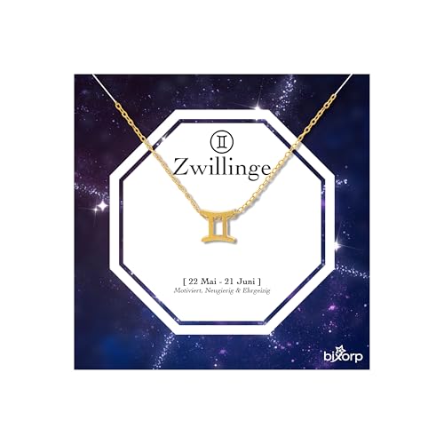 Bixorp Sternzeichen Zwillinge Halskette - Sternzeichen-Kette aus Edelstahl in Gold – Zodiac-Halskette auf Geschenkkarte von Bixorp