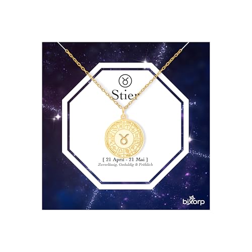Bixorp Sternzeichen Stier Halskette - Sternzeichen-Medalion aus Edelstahl in Gold – Zodiac-Halskette auf Geschenkkarte von Bixorp