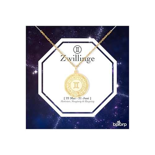 Bixorp Sternzeichen Zwillinge Halskette - Sternzeichen-Medalion aus Edelstahl in Gold – Zodiac-Halskette auf Geschenkkarte von Bixorp