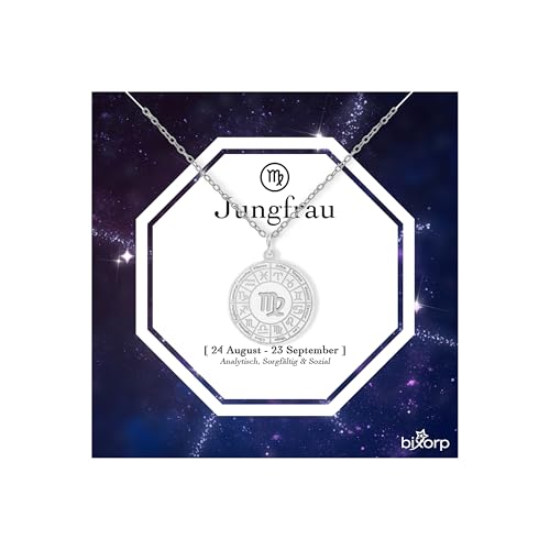 Bixorp Sternzeichenkette - Sternzeichen-Medalion aus Edelstahl in Gold – Zodiac-Halskette auf Geschenkkarte (Jungfrau - Silber) von Bixorp