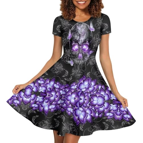 Biyejit 3D-Druck-Kleider für Damen, kurzärmelig, lässig, fließend, Swing-Kleid, Partykleid, ausgestelltes Kleid, Violetter Totenkopf-Schmetterling, L von Biyejit