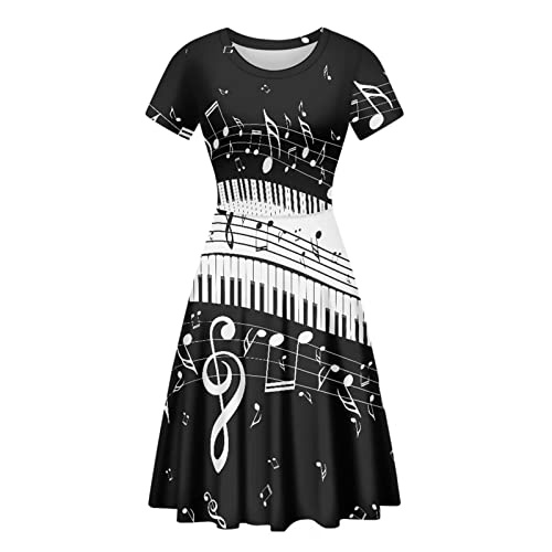 Biyejit 3D-Druck-Kleider für Damen, kurzärmelig, lässig, fließend, Swing-Kleider, Party-Flare-Kleid, Musiknotizen, XXXXL von Biyejit