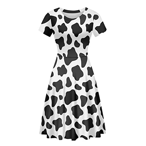 Biyejit 3D-Druck-Kleider für Damen, kurzärmelig, lässig, fließend, Swing-Kleider, Party-Flare-Kleid, Schwarz-weiße Kuh, XXXXL von Biyejit
