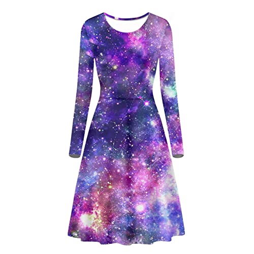 Biyejit Damen 3D Druck Langarm Casual Flared A Line Midi Kleid Plus Size, Galaxy Space, Small von Biyejit