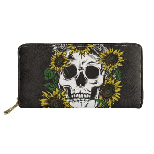 Biyejit Damen-Geldbörse, lange Leder-Geldbörse, florales Handy-Kartenhalter, Clutch-Kapazität, Tasche, Totenkopf-Sonnenblumen, Einheitsgröße, Casual von Biyejit