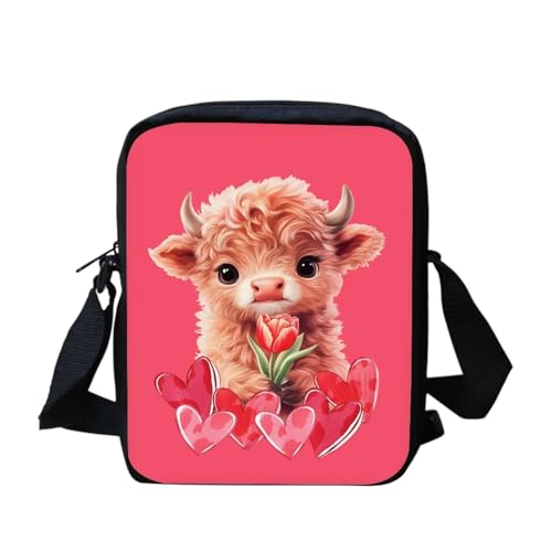 Biyejit Damen Herren Kuriertasche Kinder Crossbody Umhängetasche mit Reißverschluss Tragbare Geldbörse Münztasche für Handy Reisepass, Süße Kuh von Biyejit