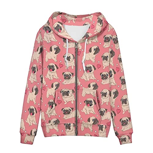 Biyejit Damen Langarm-Kapuzenpullover mit Reißverschluss und Kordelzug und Kapuze, lässiges Oberteil mit Taschen, Cartoon Mops Hund, 38 von Biyejit