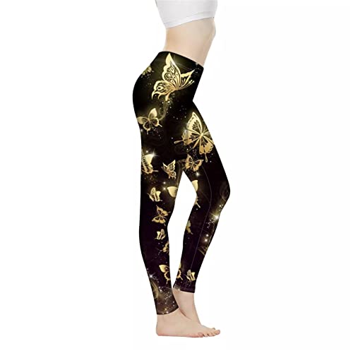 Biyejit Damen-Leggings, hohe Taille, Bauchweg-Effekt, Hose für Yoga, Workout, Laufen, Größe XS-3XL, Goldfarbener Schmetterling, L von Biyejit