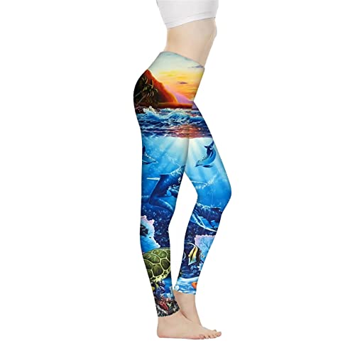 Biyejit Damen-Leggings, hohe Taille, Bauchweg-Effekt, Yogahose, Workout-, Lauf- Leggings, Größe XS–3XL, Ozeanleben, L von Biyejit