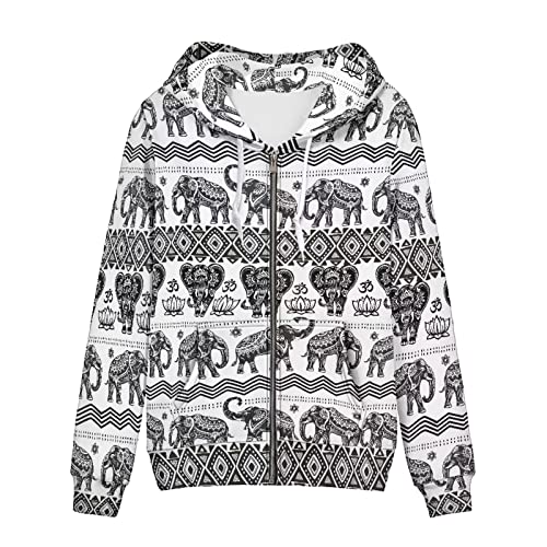 Biyejit Damen Neuheit Print Zip Up Hoodies Langarm Kapuzenpullover Sweatshirt Jacke mit Tasche, Böhmischer Elefant, L von Biyejit