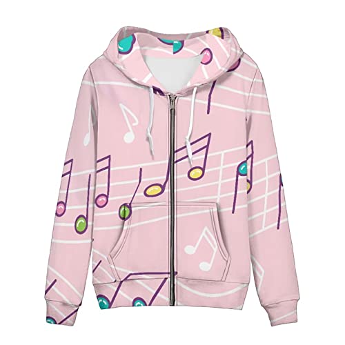 Biyejit Damen Neuheit Print Zip Up Hoodies Langarm Kapuzenpullover Sweatshirt Jacke mit Tasche, Bunte Musiknoten, XL von Biyejit