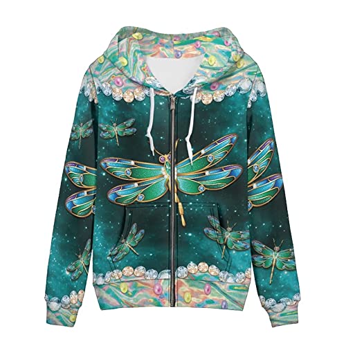 Biyejit Damen Neuheit Print Zip Up Hoodies Langarm Kapuzenpullover Sweatshirt Jacke mit Tasche, Grüne Libelle, L von Biyejit