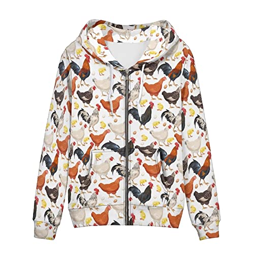 Biyejit Damen Neuheit Print Zip Up Hoodies Langarm Kapuzenpullover Sweatshirt Jacke mit Tasche, Hähnchenhahn, S von Biyejit