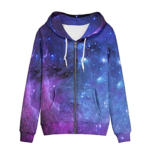 Biyejit Damen Neuheit Print Zip Up Hoodies Langarm Kapuzenpullover Sweatshirt Jacke mit Tasche, Lila Galaxy Space, 50 von Biyejit