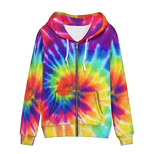 Biyejit Damen Neuheit Print Zip Up Hoodies Langarm Kapuzenpullover Sweatshirt Jacke mit Tasche, Regenbogenfarben., XL von Biyejit