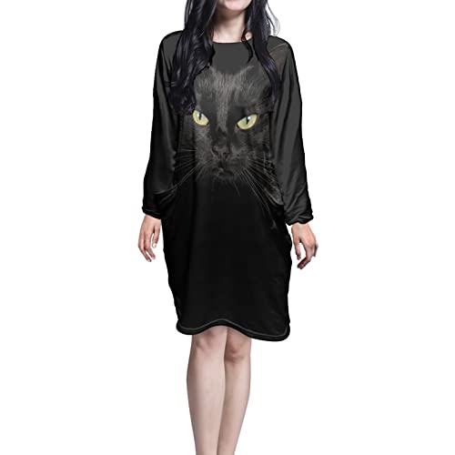 Biyejit Damen Polyester Nachthemd Nachtwäsche Langarm Shirt Casual Sleepdress mit Zwei Taschen Größe S-5XL, schwarze katze, 38 von Biyejit