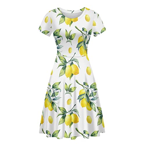 Biyejit Damen Sommer Casual Kurzarm T-Shirt Swing Kleid Rundhals Übergröße S-4XL, Zitrone, X-Groß von Biyejit