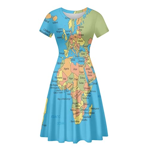 Biyejit Damen Sommer Casual Kurzarm T-Shirt Swing Kleid Rundhalsausschnitt Übergröße S-4XL, Weltkarte, Medium von Biyejit