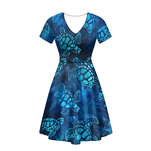 Biyejit Damen Sommer Freizeitkleid V-Ausschnitt A-Linie Arbeit Party Swing Kleid Bequem Strand Sommerkleid S-4XL, Blaue Schildkröte, X-Large von Biyejit