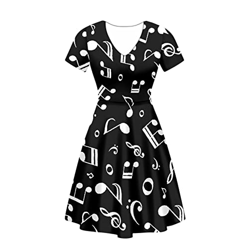 Biyejit Damen Sommer Freizeitkleid V-Ausschnitt A-Linie Arbeit Party Swing Kleid Bequem Strand Sommerkleid S-4XL, Musiknoten-Schwarz, Medium von Biyejit