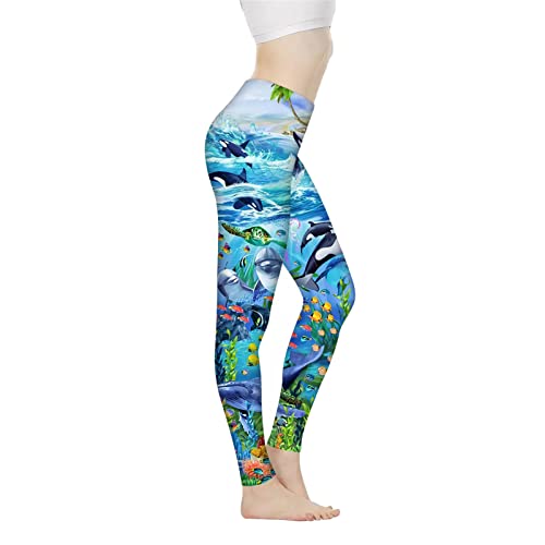 Biyejit Damen-Leggings, Yogahose mit hohem Taillenbund, Workout-Leggings, Ozean Delfine, L von Biyejit