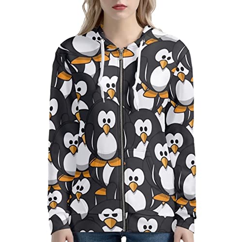 Biyejit Damen Zip Up Hoodie Kordelzug Kapuzenpullover Langarm Casual Oversized Jacke mit Taschen XS-5XL, Süßer Pinguin, 50 von Biyejit