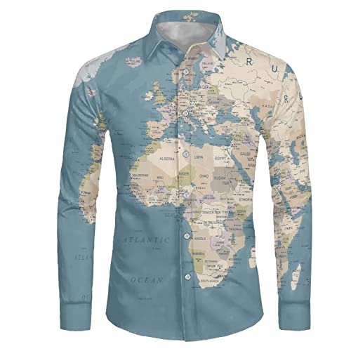 Biyejit Herren Langarm Kleid Hemden Faltenfrei Casual Button Down Shirt Übergröße XS-6XL, Weltkarte, L von Biyejit