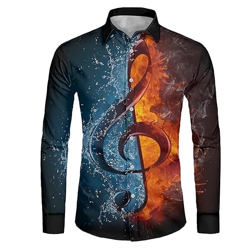 Biyejit Herren Langarm Kleid Hemden Knitterfrei Casual Button Down Hemd Übergröße XS-6XL, Wasser Feuer Musiknoten, Klein von Biyejit
