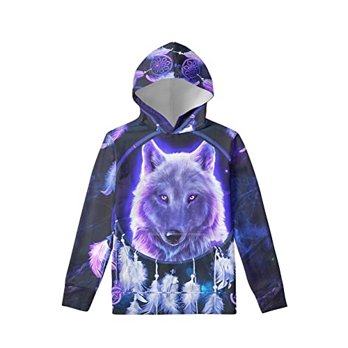 Biyejit Jungen Mädchen Fleece Hoodies Plüsch Pullover Hoodie Casual Kapuzenpullover Sweatshirts mit Tasche für Alter 6-16 Kinder, Traumfänger mit Wolfsmuster, 11 - 13 Jahre von Biyejit