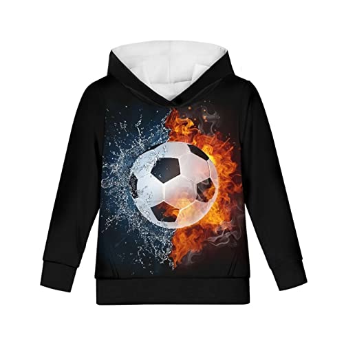 Biyejit Jungen Mädchen Fleece Hoodies Plüsch Pullover Hoodie Casual Kapuzenpullover Sweatshirts mit Tasche für Alter 6-16 Kinder, Water Fire Fußball, 11 - 13 Jahre von Biyejit