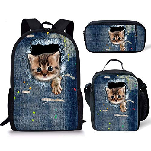 Biyejit Kinder Rucksack Kinder Schulranzen Set mit Lunchbox Federmäppchen 3-teilig für Jungen Mädchen Gr. Einheitsgröße, Niedliche Denium Katze von Biyejit