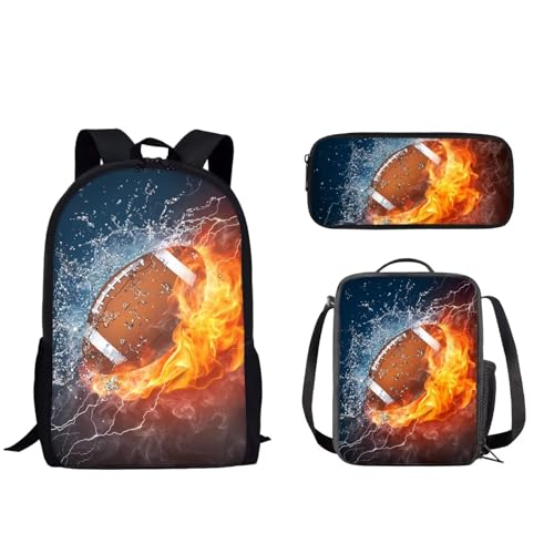 Biyejit Kinder-Schulrucksack-Set mit Lunch-Behälter, Federmäppchen für Jungen und Mädchen, 3-teilig, Wasserfeuer-Rugby, Einheitsgröße von Biyejit