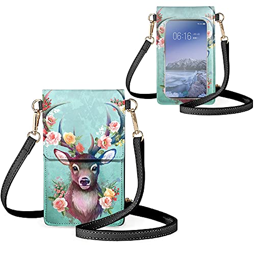 Biyejit Kleine Crossbody Handytasche für Frauen Handy Schultertaschen Kartenhalter Brieftasche Geldbörse Touchscreen Tasche, Blumen-Hirsch von Biyejit