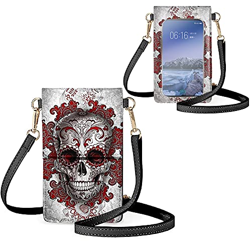 Biyejit Kleine Crossbody Handytasche für Frauen Handy Schultertaschen Kartenhalter Brieftasche Geldbörse Touchscreen Tasche, Candy Skull, Einheitsgröße von Biyejit