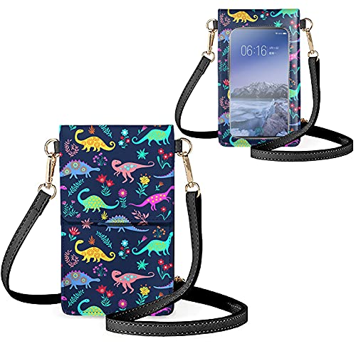 Biyejit Kleine Crossbody Handytasche für Frauen Handy Schultertaschen Kartenhalter Brieftasche Geldbörse Touchscreen Tasche, Cartoon Dinosaurier von Biyejit