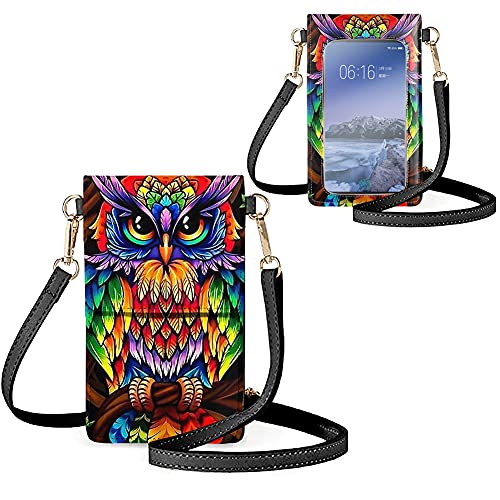 Biyejit Kleine Crossbody Handytasche für Frauen Handy Schultertaschen Kartenhalter Brieftasche Geldbörse Touchscreen Tasche, Buntes Eulen-Motiv, Einheitsgröße von Biyejit