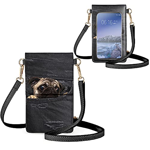 Biyejit Kleine Crossbody Handytasche für Frauen Handy Schultertaschen Kartenhalter Brieftasche Geldbörse Touchscreen Tasche, Taschenmops Hund, Einheitsgröße von Biyejit