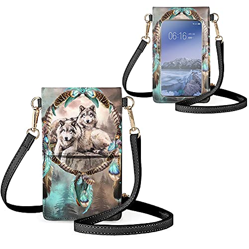 Biyejit Kleine Crossbody Handytasche für Frauen Handy Schultertaschen Kartenhalter Brieftasche Geldbörse Touchscreen Tasche, Traumfänger Wolf, Einheitsgröße von Biyejit