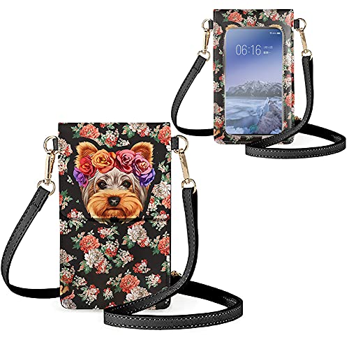 Biyejit Kleine Crossbody-Touchscreen-Handytasche für Damen, Handy-Schultertaschen, Kartenhalter, Geldbörse, Floraler Yorkshireterrier von Biyejit