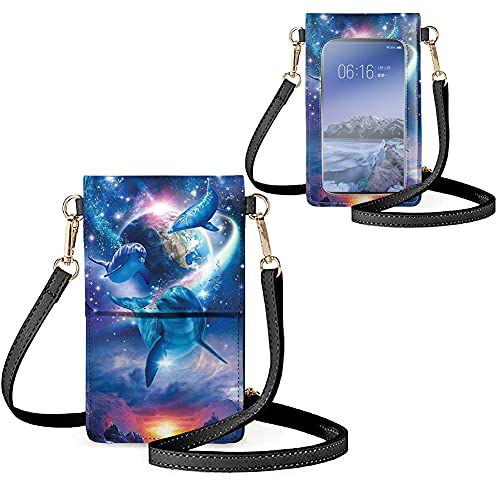 Biyejit Kleine Crossbody-Touchscreen-Handytasche für Damen, Handy-Schultertaschen, Kartenhalter, Geldbörse, Galaxie Sternen-Delfine von Biyejit