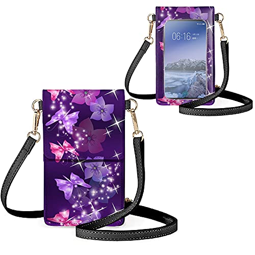 Biyejit Kleine Crossbody-Touchscreen-Handytasche für Damen, Handy-Schultertaschen, Kartenhalter, Geldbörse, Sternenförmiger Schmetterling-Druck von Biyejit