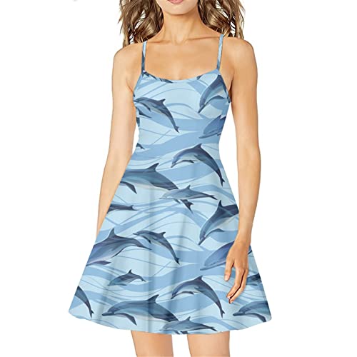 Biyejit Lässiges lockeres Damenkleid mit Trägern, langes Sommerkleid, Strandkleid, Unterrock, Delfine, 38 von Biyejit