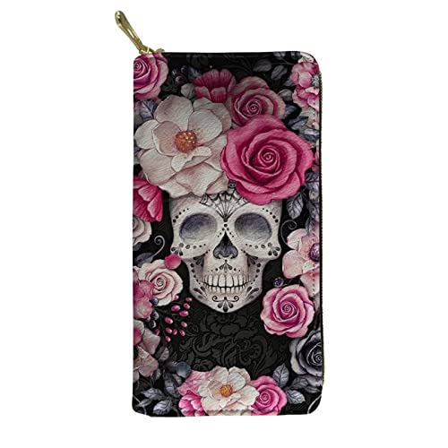 Biyejit Lange Damen-Geldbörse aus Leder, Kreditkartenhalter, Handy-Clutch, große Kapazität, mit Reißverschluss, Rosa Rose Totenkopf, Einheitsgröße, Casual von Biyejit