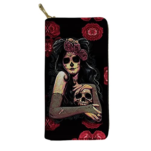 Biyejit Lange Damen-Geldbörse aus Leder, Kreditkartenhalter, Handy-Clutch, große Kapazität, mit Reißverschluss, Rose Sugar Skull Damen Rot, Einheitsgröße, Casual von Biyejit