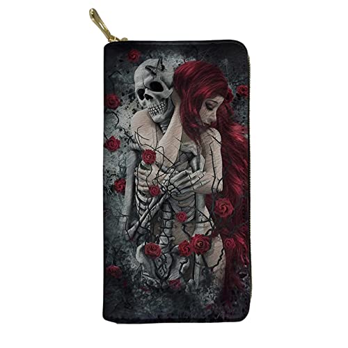 Biyejit Lange Damen-Geldbörse aus Leder, Kreditkartenhalter, Handy-Clutch, große Kapazität, mit Reißverschluss, Rose Sugar Skull Woman, Einheitsgröße, Casual von Biyejit